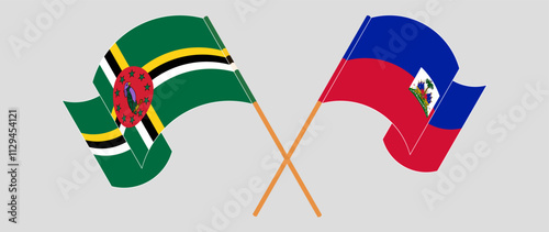 Crossed and waving flags of Dominica and Republic of Haiti. Vector illustration