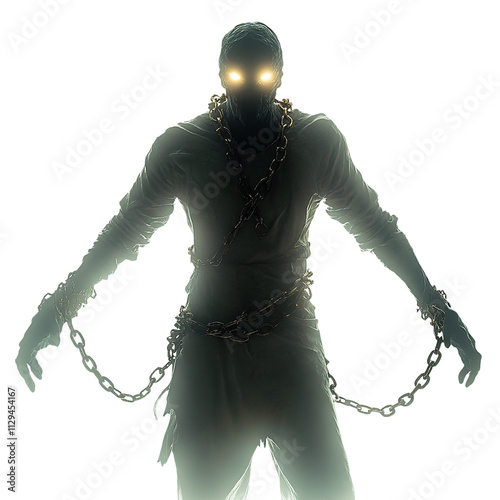 Ghostly Figure with Chains and Glowing Eyes Isolated on White Background