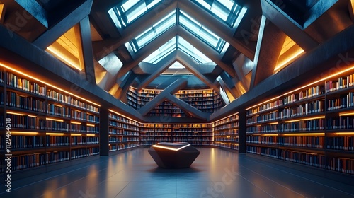 A luxury library with sharp intersecting beams and glowing interior shelves arranged in spirals.