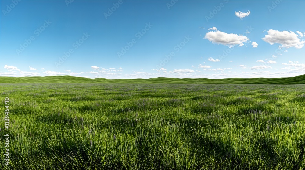 Obraz premium Expansive green grass field under a clear blue sky with fluffy clouds, creating a serene and tranquil landscape.