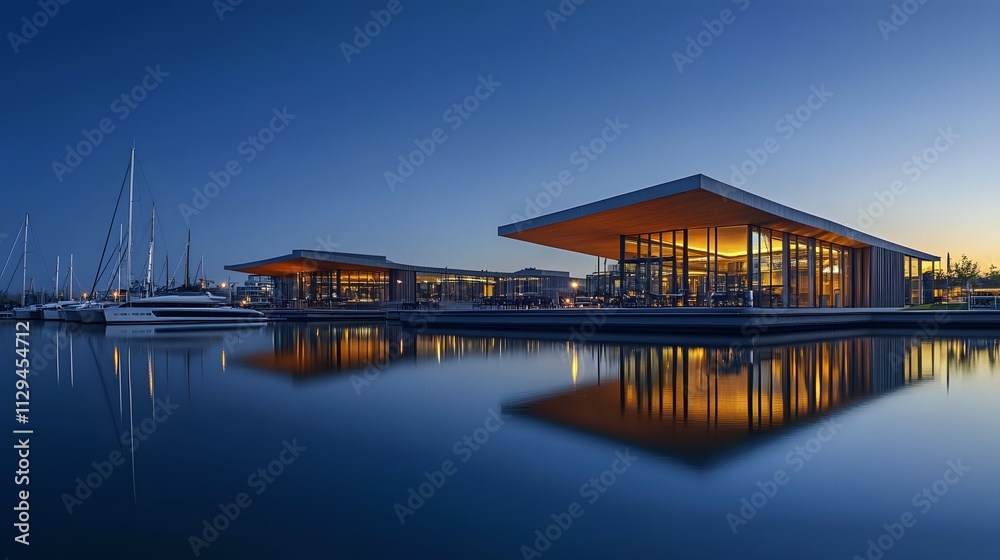 A luxury marina with angular pavilions glowing under warm evening lights reflecting on the calm water. A luxury marina with angular pavilions glowing under warm evening lights reflecting on the calm water.