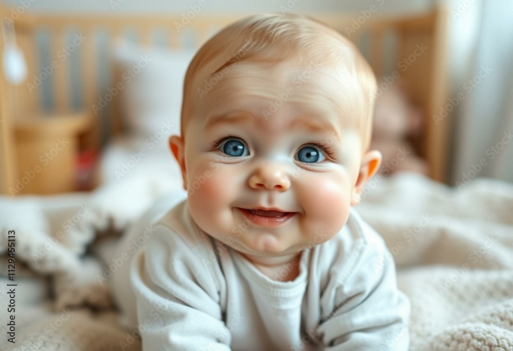 A photorealistic portrait of a cute baby in a cozy nursery setting A photorealistic portrait of a cute baby in a cozy nursery setting