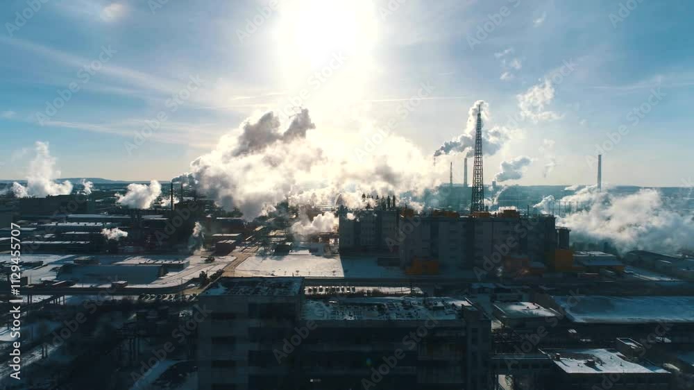  A furniture factory processing cardboard and a chemical plant with chimneys, highlighting industrial operations and manufacturing processes in a factory setting