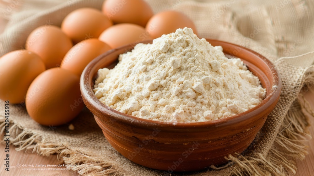 A bowl of flour with eggs on the table A bowl of flour with eggs on the table