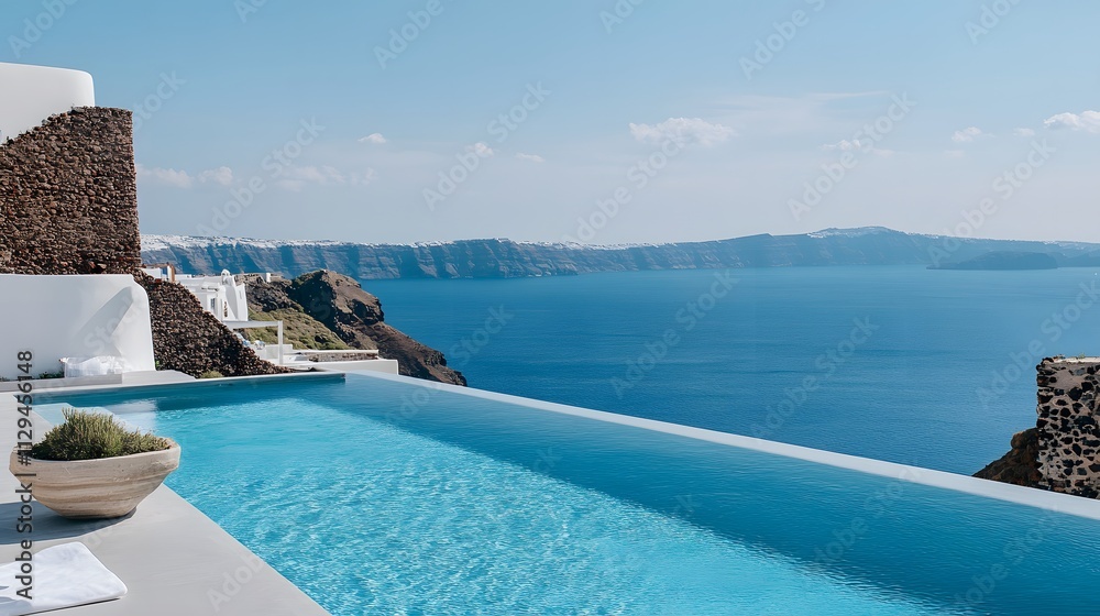 Fototapeta premium A luxury villa with cantilevered levels and a stunning infinity pool overlooking the sea.