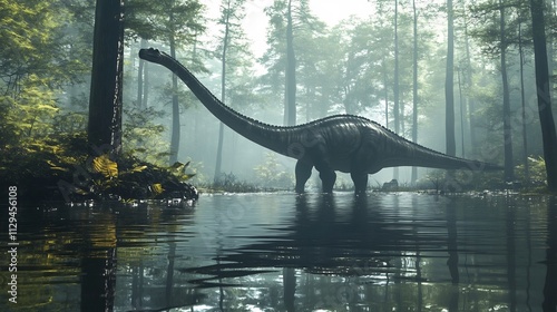 Majestic Diplodocus Wading Through a Moody Swamp with Reflections in the Water