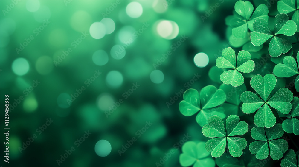 Fototapeta premium Background of green clovers against an out of focus background for a Saint Patrick's Day themed advertisement.