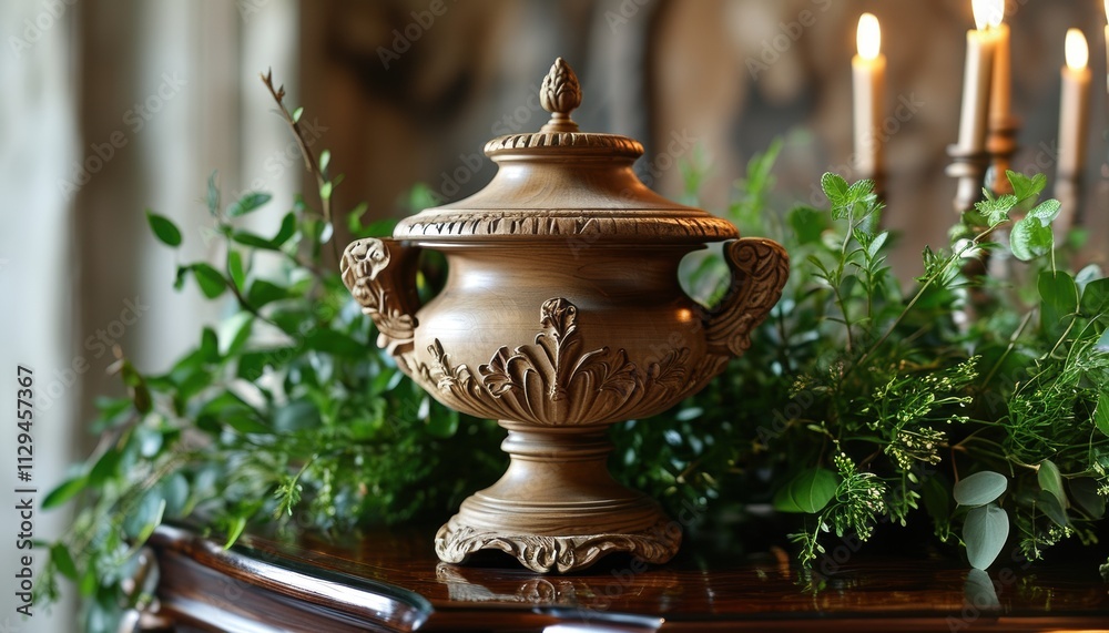 Elegant funeral urn surrounded by greenery with candlelight ambiance Elegant funeral urn surrounded by greenery with candlelight ambiance