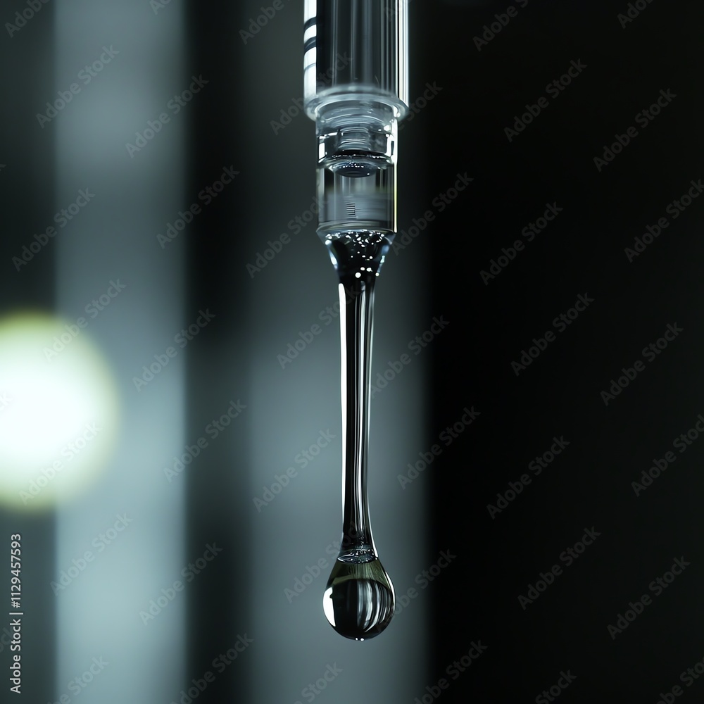 Close-up of laboratory dropper with a droplet of liquid, dark background, focusing on precision and texture. Close-up of laboratory dropper with a droplet of liquid, dark background, focusing on precision and texture.