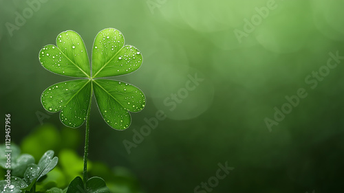 A single shamrock against an out of focus green background for Saint Patrick's day advertisement. photo