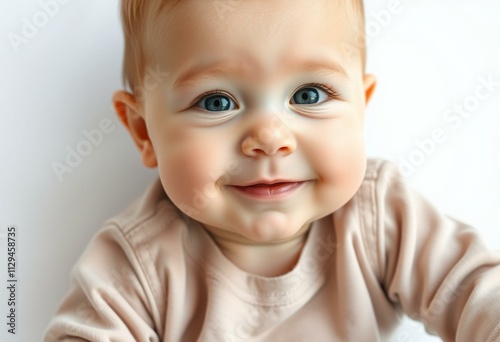 Cute baby portrait with gentle smile and soft eyes