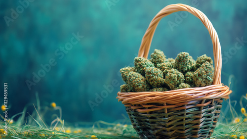 Easter basket filled with dank cannabis buds against a blue background. For Easter themed Marijuana advertisement.