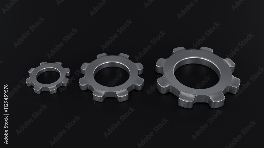Illustration of three metallic gears of different sizes, aligned in an increasing sequence. A visual concept that represents hierarchy, scale and the functioning of a complex mechanism. Illustration of three metallic gears of different sizes, aligned in an increasing sequence. A visual concept that represents hierarchy, scale and the functioning of a complex mechanism.