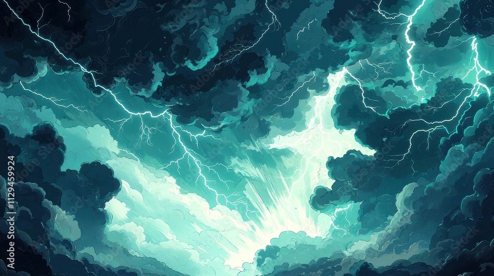 A dramatic sky filled with dark clouds and vibrant lightning illuminating the scene, creating a powerful and energetic atmosphere. A dramatic sky filled with dark clouds and vibrant lightning illuminating the scene, creating a powerful and energetic atmosphere.