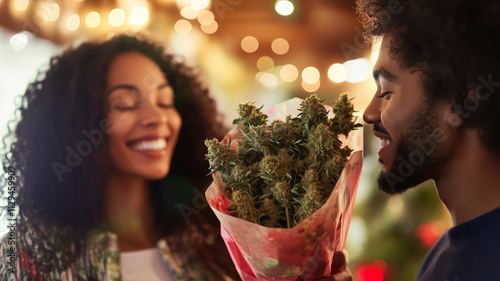 Man handing bouquet of Marijuana bud flowers to his wife on Valentines day for Valentines themed cannabis dispensary advertisement. photo