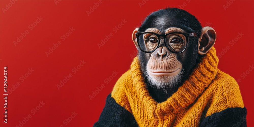 Charming chimpanzee wearing glasses and cozy sweater against red background Charming chimpanzee wearing glasses and cozy sweater against red background