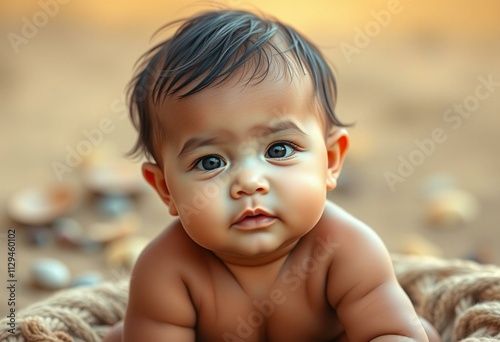 Photorealistic portrait of a cute baby in a natural setting photo