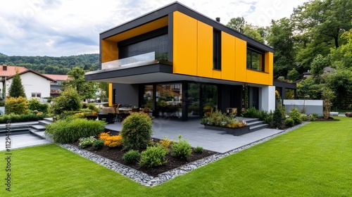 Modern Scandinavian Villa Exterior Design - Minimalist luxury home, modern architecture, yellow facade, landscaped garden, outdoor patio.  Symbolizing: serenity, elegance, sophistication, innovation,  photo