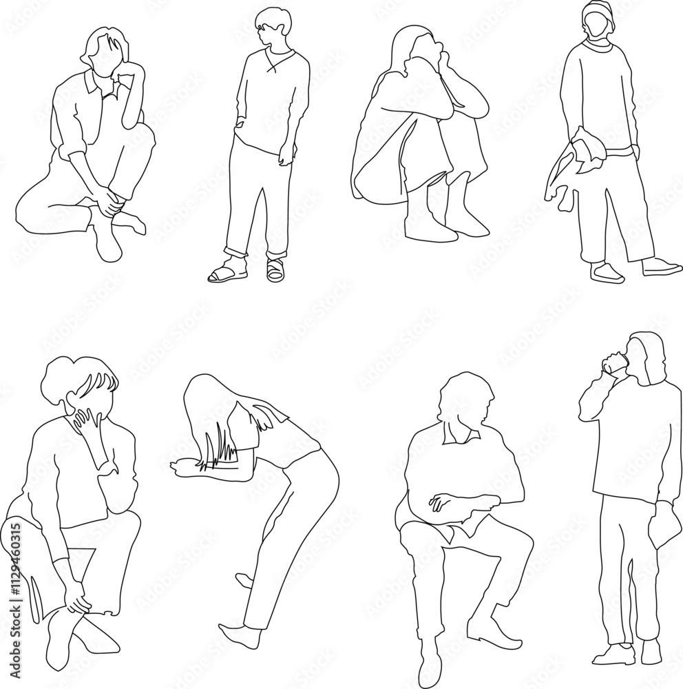Minimalistic vector illustrations of people in everyday activities, presented in a clean and modern linear style. The set includes various poses, such as sitting, standing, interacting, and performing Minimalistic vector illustrations of people in everyday activities, presented in a clean and modern linear style. The set includes various poses, such as sitting, standing, interacting, and performing