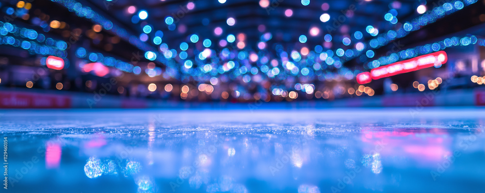 Wide-angle view of a vibrant figure skating arena featuring colorful lights and a polished ice surface during a bustling event Wide-angle view of a vibrant figure skating arena featuring colorful lights and a polished ice surface during a bustling event