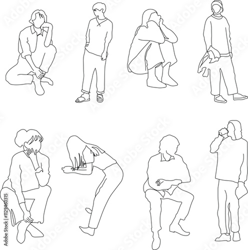 Minimalistic vector illustrations of people in everyday activities, presented in a clean and modern linear style. The set includes various poses, such as sitting, standing, interacting, and performing