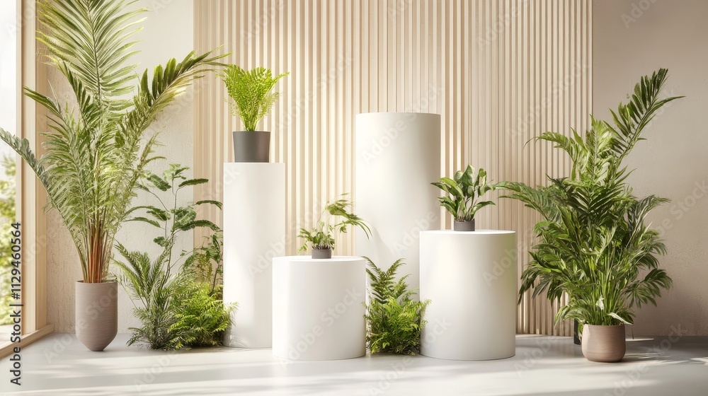 Modern White Display Podiums with Greenery - Stylish white podiums showcase lush potted plants, creating a serene and modern display. Clean lines, natural elements, and minimalist design combine for Modern White Display Podiums with Greenery - Stylish white podiums showcase lush potted plants, creating a serene and modern display. Clean lines, natural elements, and minimalist design combine for