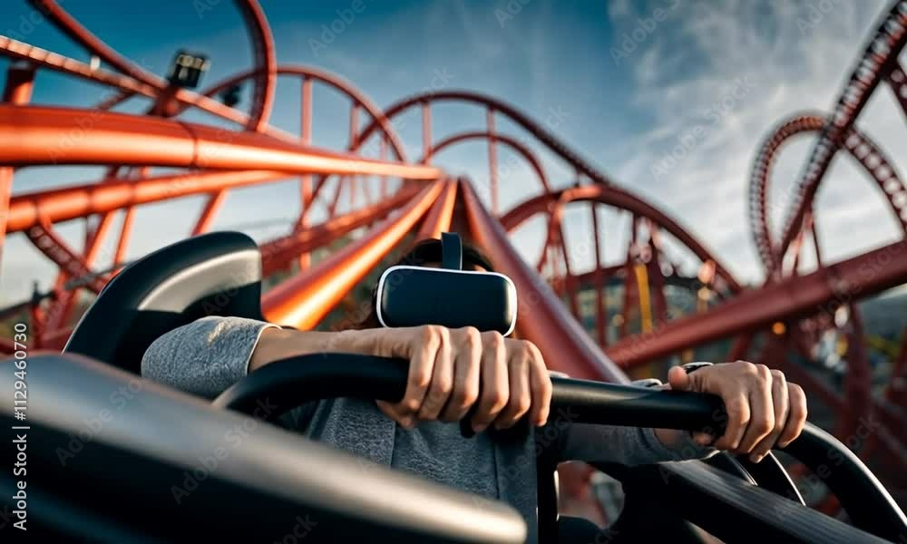 Man with VR glasses on a roller coaster. Man with VR glasses on a roller coaster.