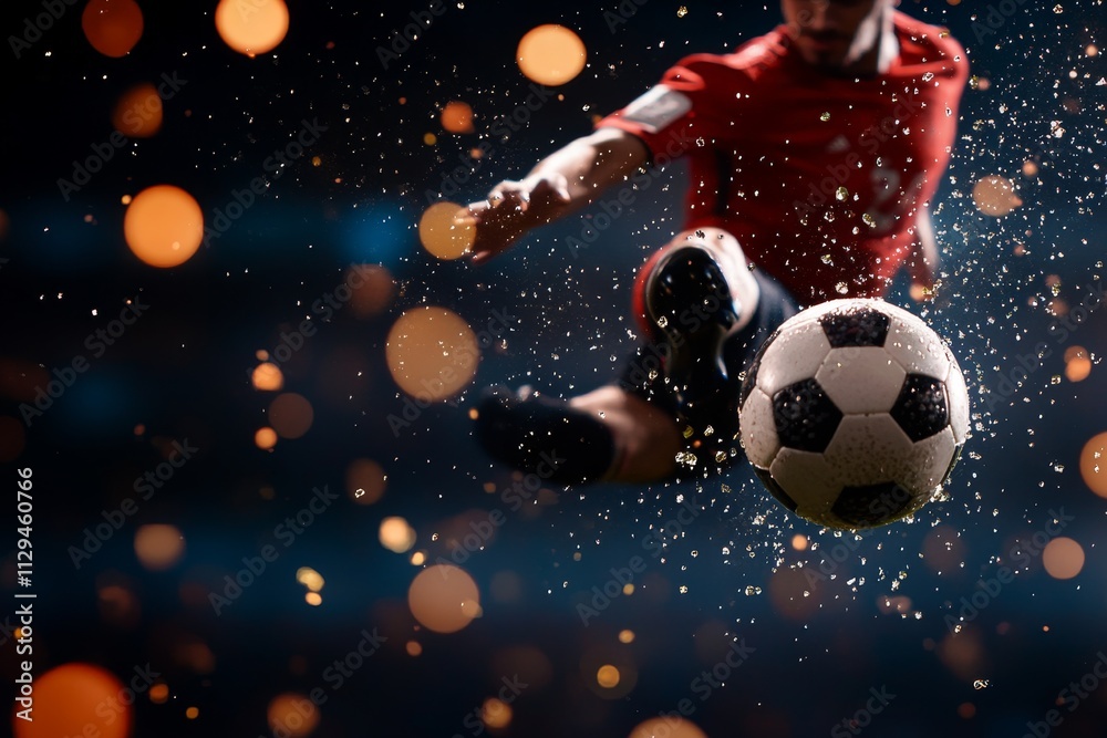 Fototapeta premium Soccer player executing a kick while kicking the ball in a dynamic atmosphere with sparkling effects during a match at night