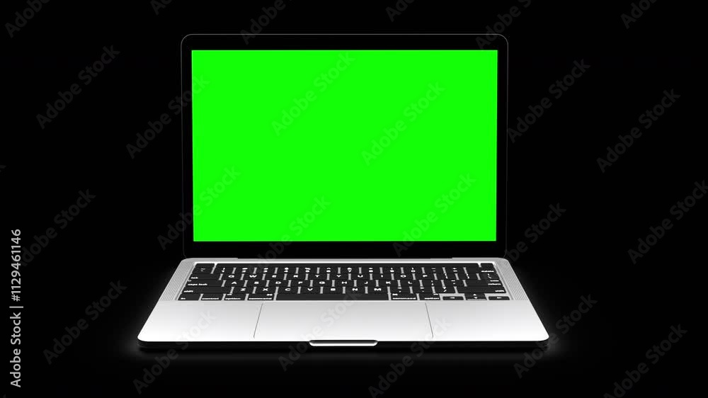 Laptop with green screen on display with dark backdrop.