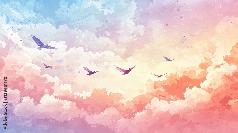 Obraz premium A serene sky filled with colorful clouds and flying birds, evoking a sense of peace and freedom amidst a beautiful sunset atmosphere.