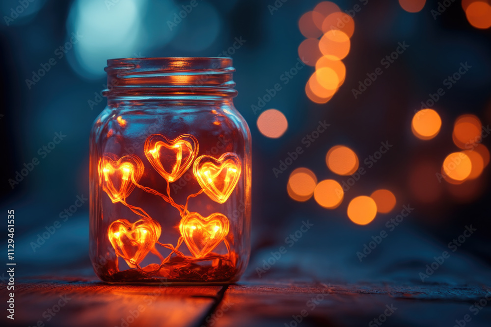 A glowing mason jar filled with intricate heart-shaped fairy lights, providing a warm, romantic atmosphere through enchanting illumination and charming decoration.
