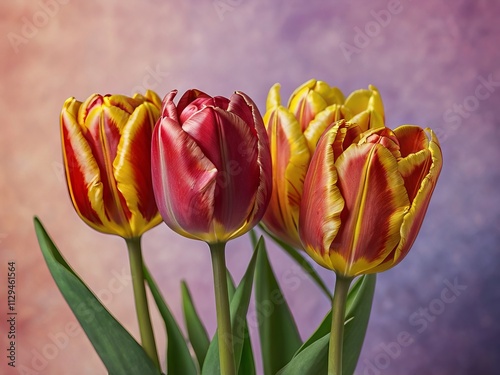 La imagen muestra tulipanes vibrantes que se combinan en tonos rosados y amarillos. Las flores están en un fondo suavemente difuminado que cambia de colores, lo que resalta su belleza. 