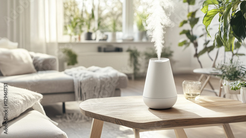 Elegant essential oil diffuser on wooden table in bright living room for winter allergy tips