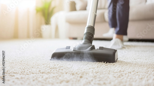 Person vacuuming carpet with modern cleaner in bright living room