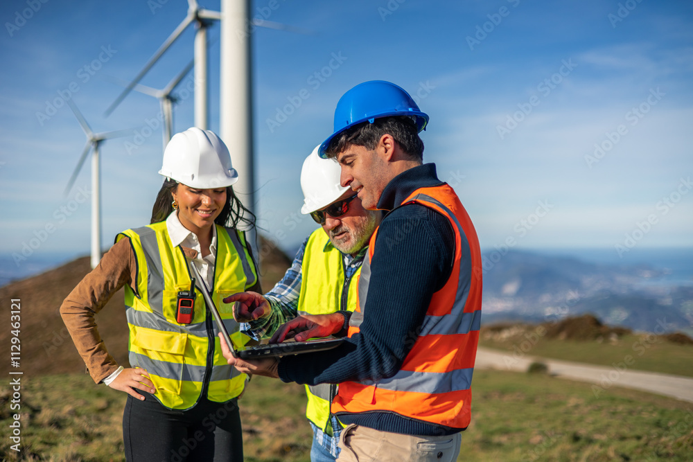 multiethnic Engineers working with laptop in front of wind turbines, discussing green energy