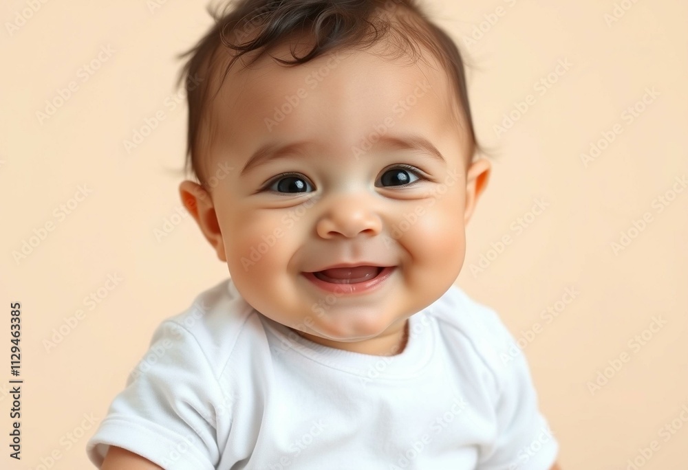 Cute baby portrait with white onesie and curly hair Cute baby portrait with white onesie and curly hair