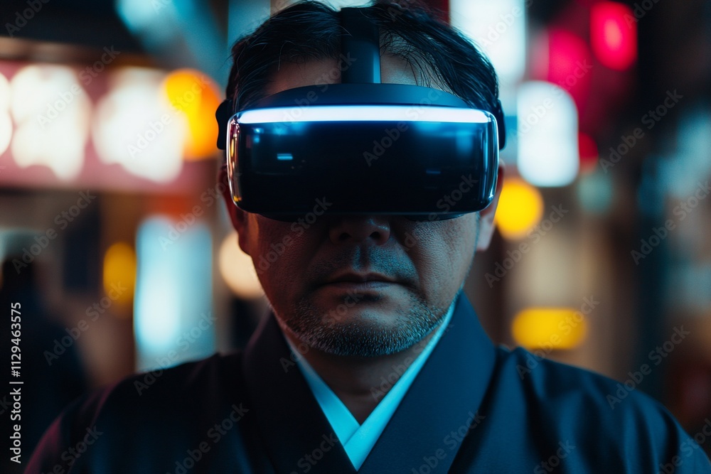 A person wearing virtual reality goggles in a vibrant setting. A person wearing virtual reality goggles in a vibrant setting.