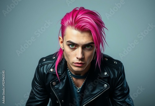 Freaky-looking male with vibrant hair and piercing eyes photo