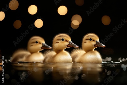 duck pond serenity, joyful ducks happily waddle around a glistening pond, cheerfully quacking while taking a refreshing dip in the water