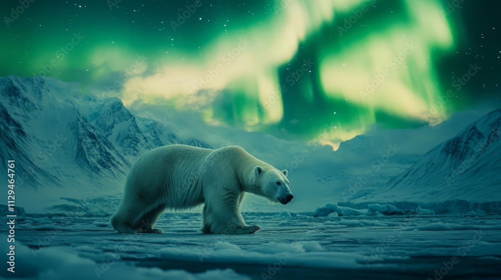 Naklejka premium Polar bear walking on ice under aurora borealis.