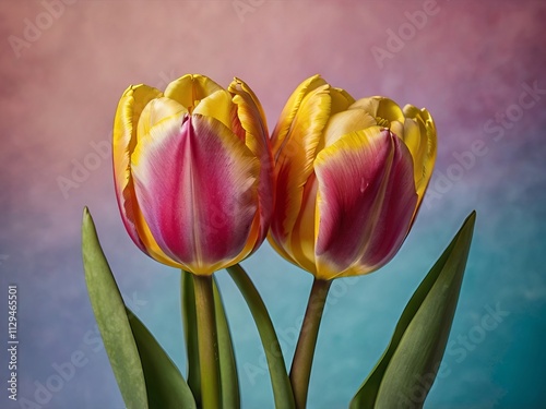La imagen muestra tulipanes vibrantes que se combinan en tonos rosados y amarillos. Las flores están en un fondo suavemente difuminado que cambia de colores, lo que resalta su belleza. 