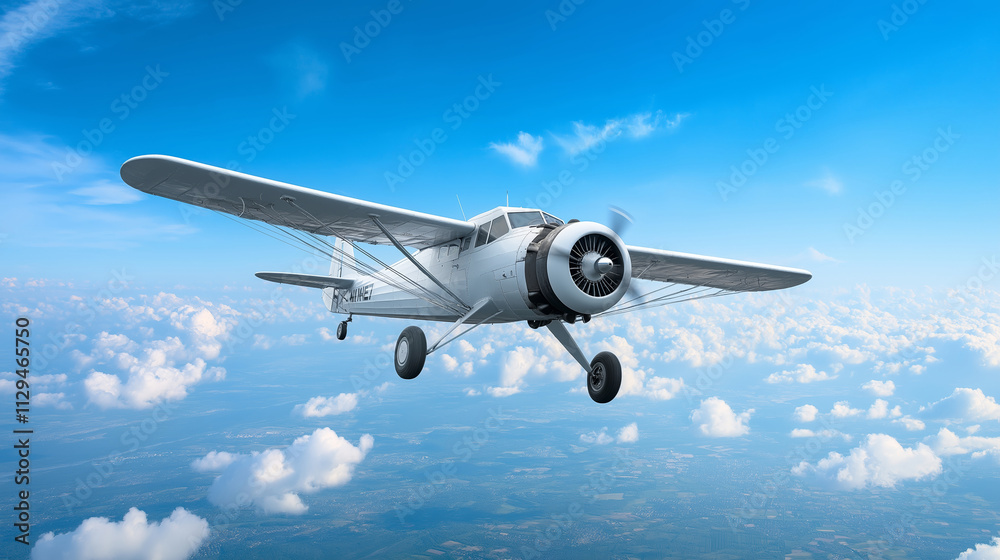 Fototapeta premium White vintage airplane flying through a serene sky with scattered cumulus clouds, offering a sense of freedom and adventure