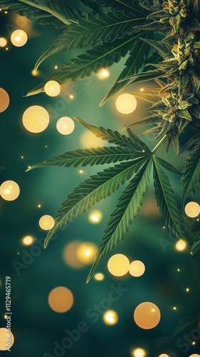 New Years Eve themed cannabis background of marijuana plants against green background with yellow bokeh spots  for legal advertisement for dispensary in smartphone 9:16 aspect ratio.