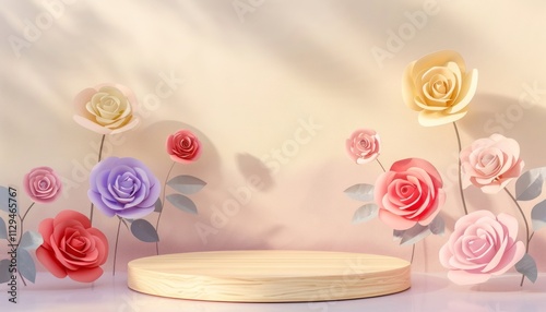 Circular podium with colorful flowers. Flowers with big wooden Podium in the center over rose gold background surrounded with colorful flowers.
