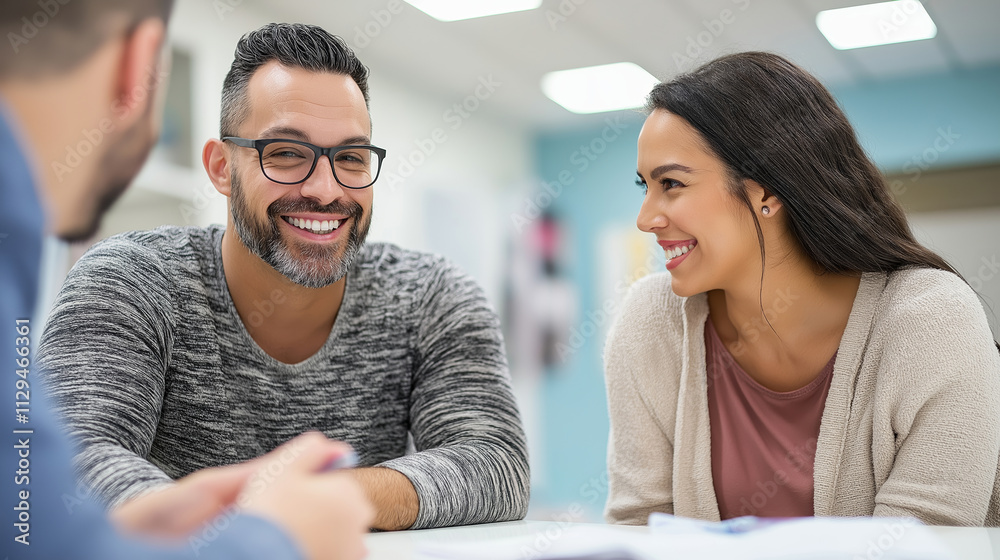 Smiling couple discussing account options with their bank agent in a professional office setting Smiling couple discussing account options with their bank agent in a professional office setting