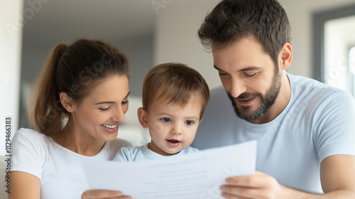 Parents and their child happily review mortgage documents together, cherishing a moment of family togetherness photo