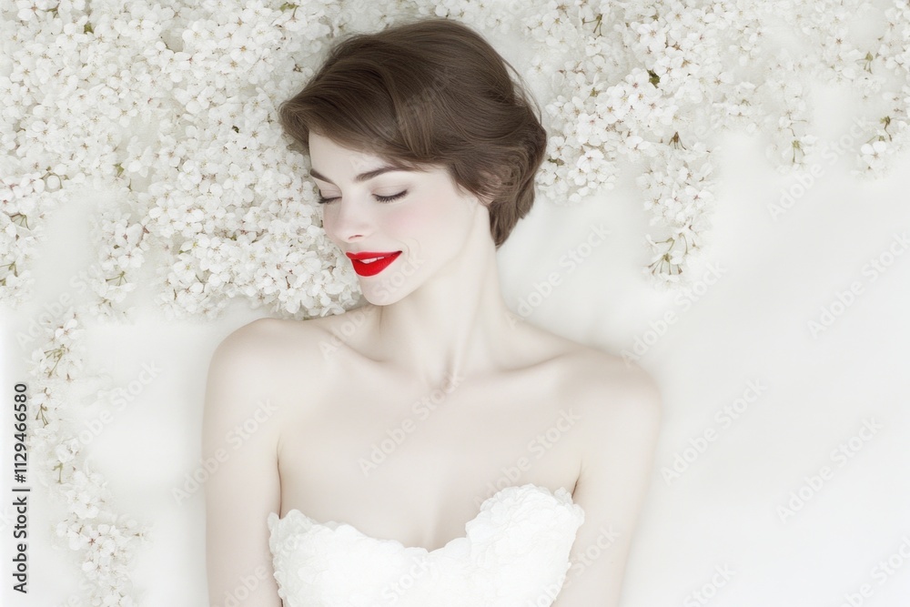 Caucasian female young bride lying on floral white surface with closed eyes and red lips Caucasian female young bride lying on floral white surface with closed eyes and red lips