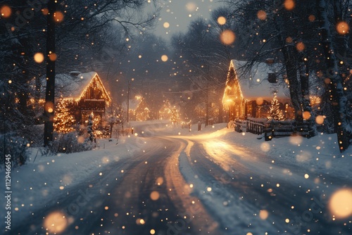 Seasonal background with decorated houses, Christmas lights, snowy road and bokeh lights during winter time. photo