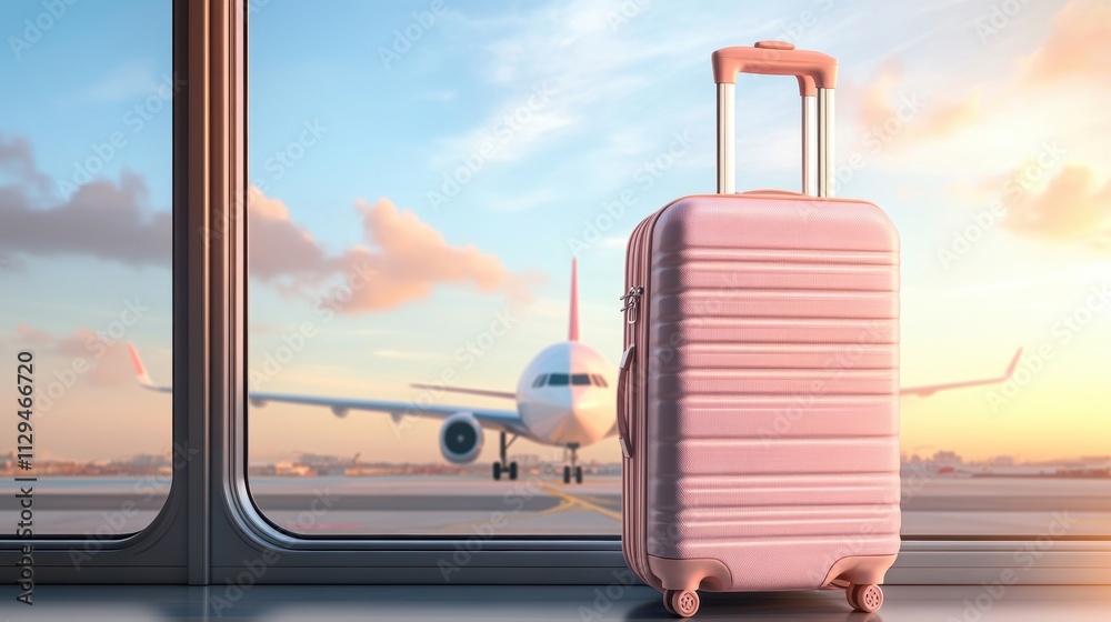 Pink suitcase near an airport window with an airplane in the background during sunrise. Travel and vacation concept. Pink suitcase near an airport window with an airplane in the background during sunrise. Travel and vacation concept.