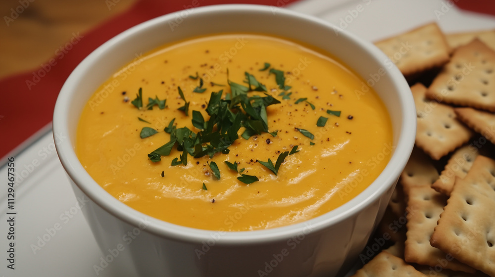 Creamy butternut squash soup garnished with herbs in a white bowl alongside crackers Creamy butternut squash soup garnished with herbs in a white bowl alongside crackers